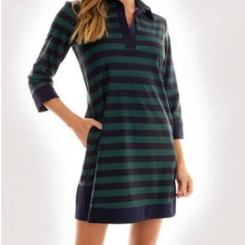 Jude Connally Finley Striped Polo Shift Dress Navy Green Pockets Sz L Resortwear
